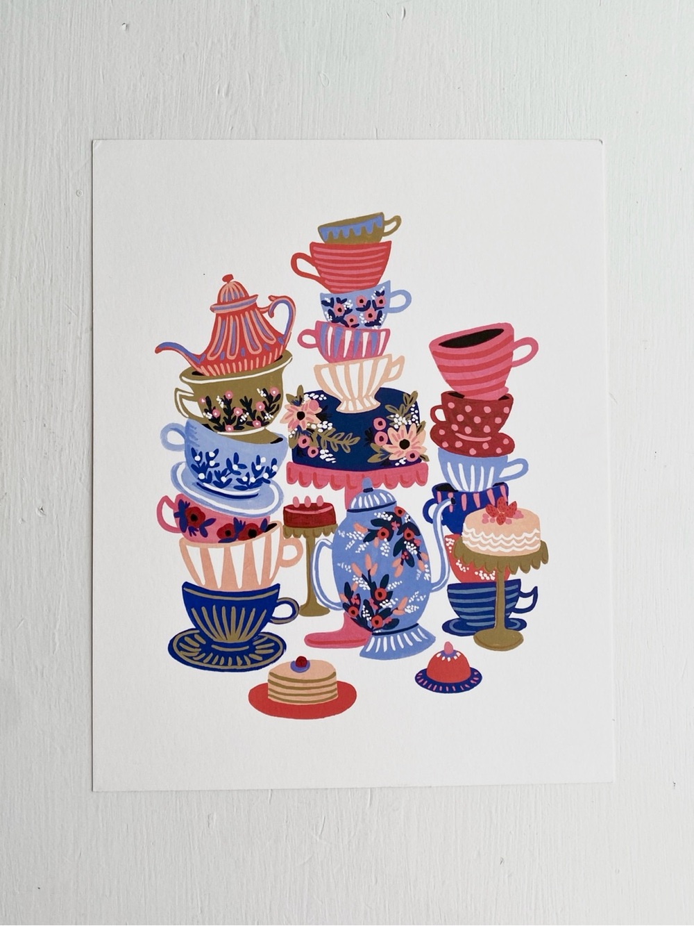 Rifle Paper Co. Whimsical Stacked Teacups Art Print in Pink, Blue & Gold